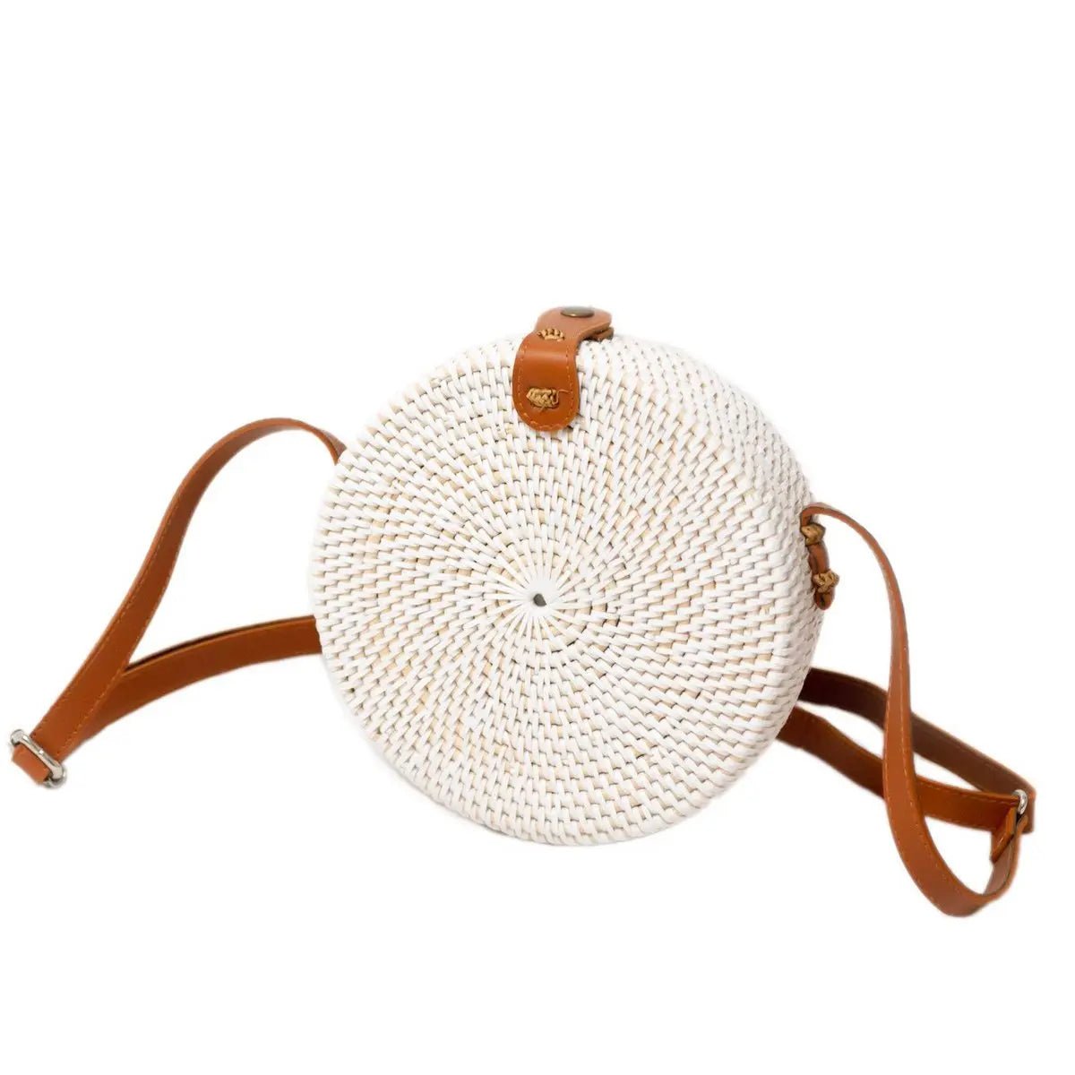 Ronde Rotan Tas SENJA – Wit, Crossbody met Lederen Riem