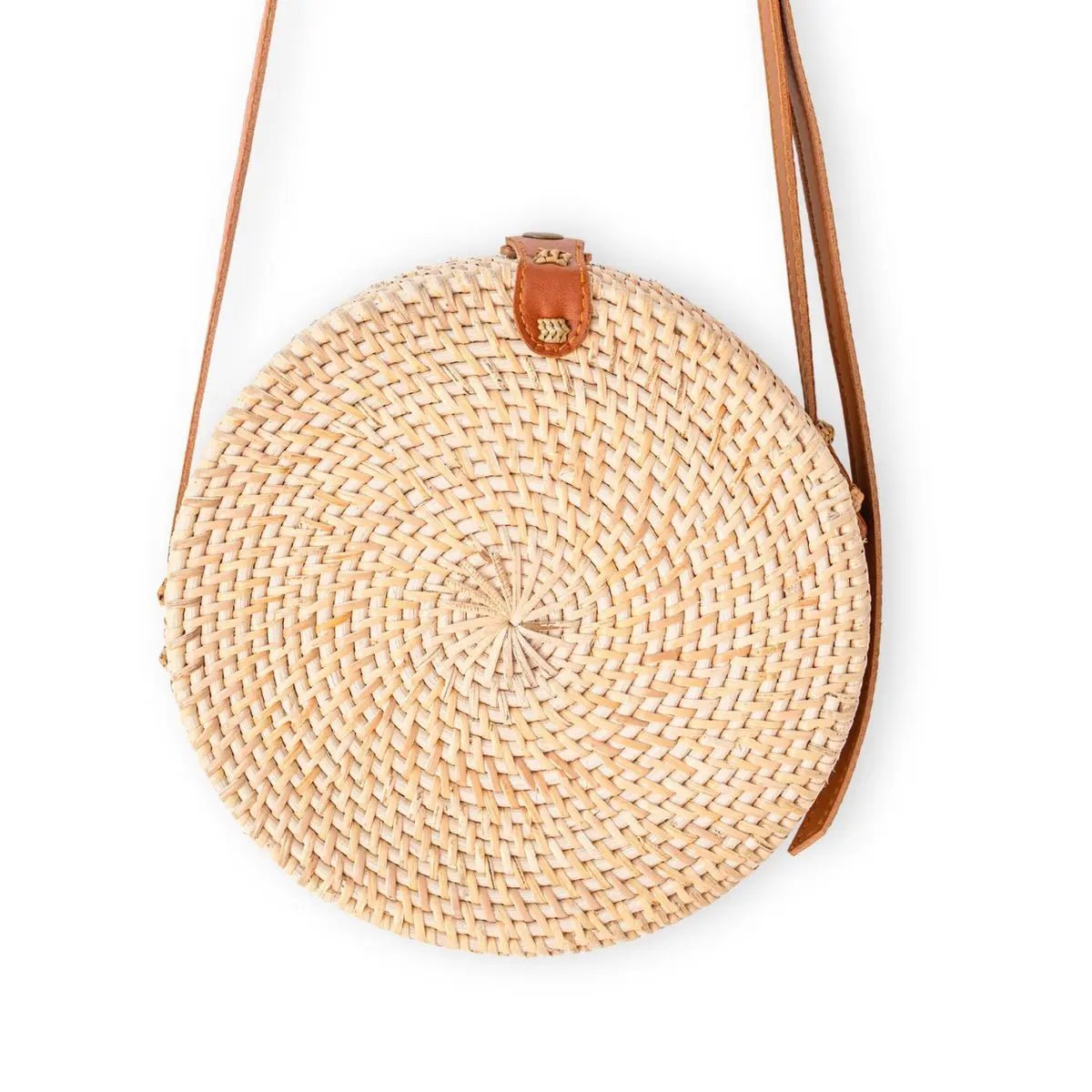 Ronde Rotan Tas SENJA – Beige, Crossbody met Lederen Riem