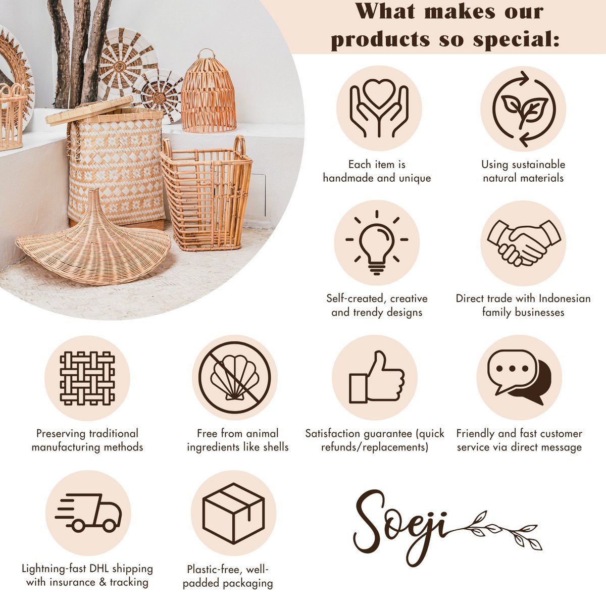 SARI Grote Wasmand met Deksel – Ronde Boho Rotan Mand (Bruin, 2 Maten)