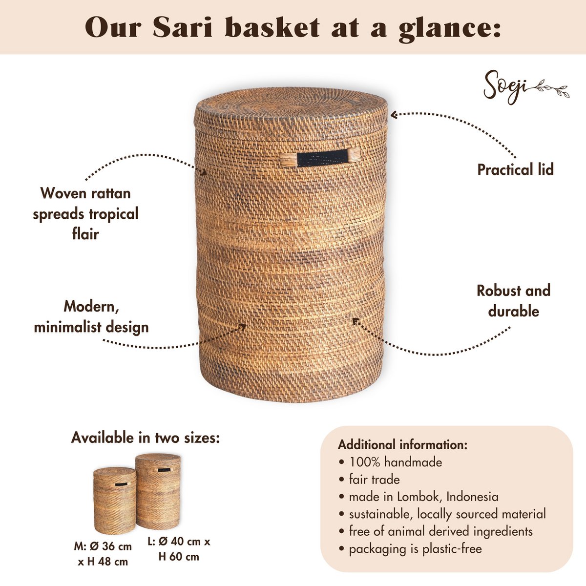 SARI Grote Wasmand met Deksel – Ronde Boho Rotan Mand (Bruin, 2 Maten)