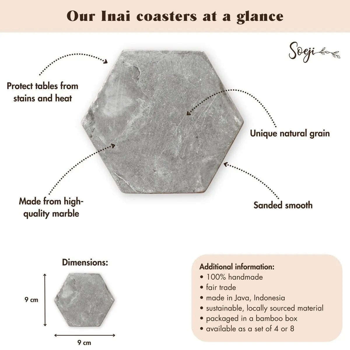 Zeshoekige Grijze Marmeren Onderzetters INAI | Set van 4 of 8