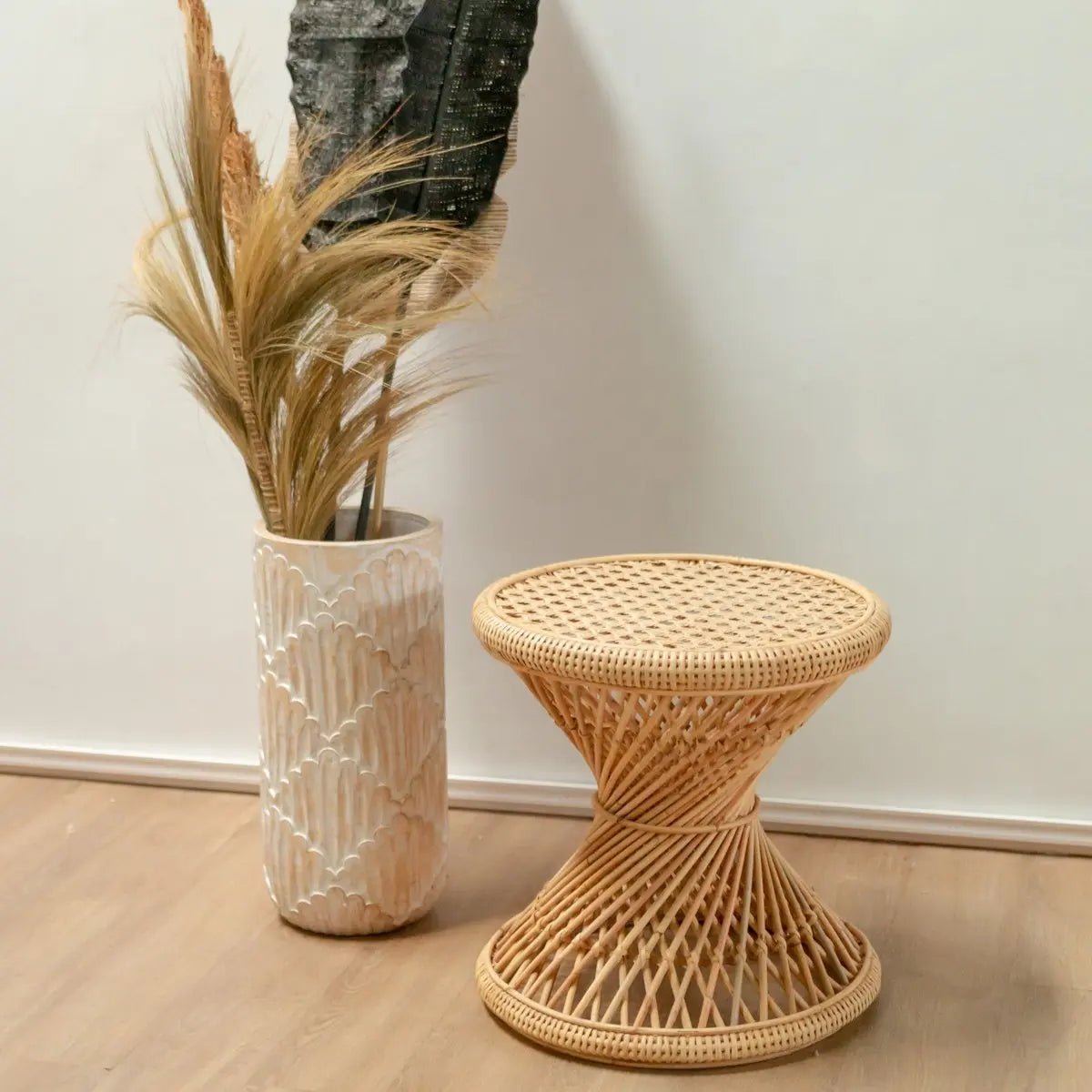Rotan Bijzettafel LUHU – Rond, Beige, Ø45 cm