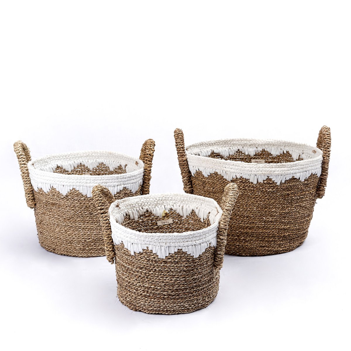 WAIGEO Ronde Zeegras Mand – Was- & Opbergmand met Witte Koorden (3 Maten)