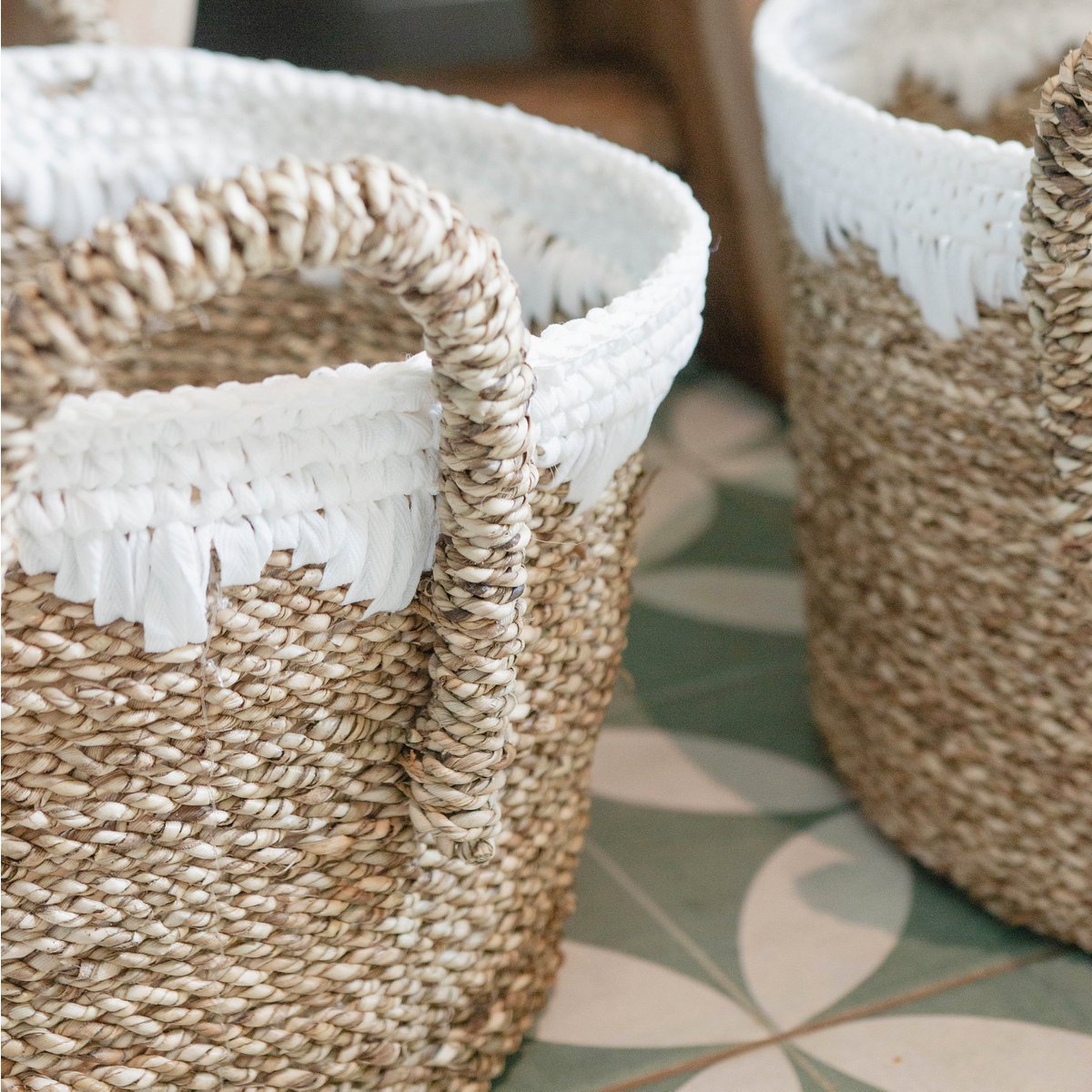 WAIGEO Ronde Zeegras Mand – Was- & Opbergmand met Witte Koorden (3 Maten)