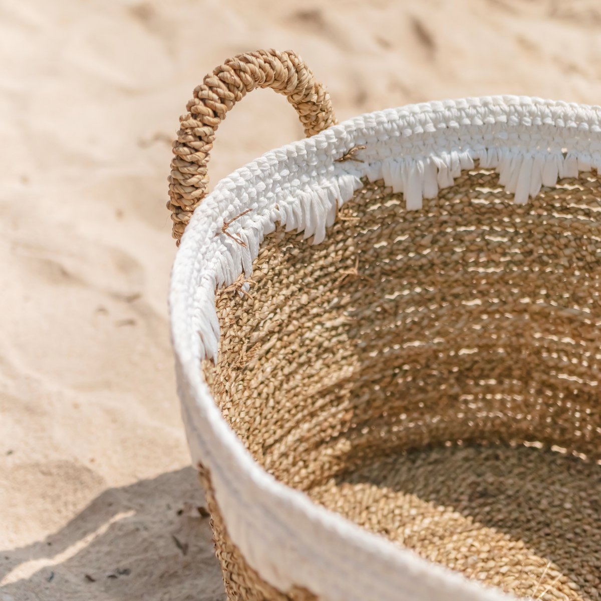 WAIGEO Ronde Zeegras Mand – Was- & Opbergmand met Witte Koorden (3 Maten)
