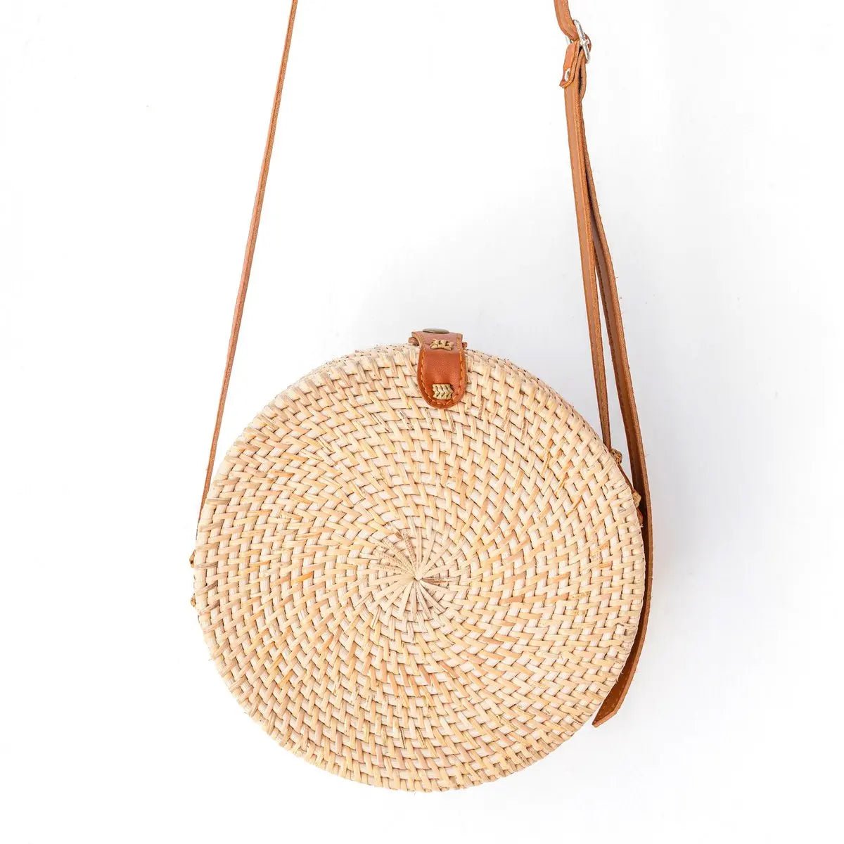 Ronde Rotan Tas SENJA – Beige, Crossbody met Lederen Riem