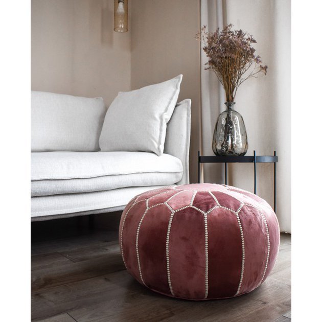 Fluwelen Poef Roze – Gevuld & Comfortabel