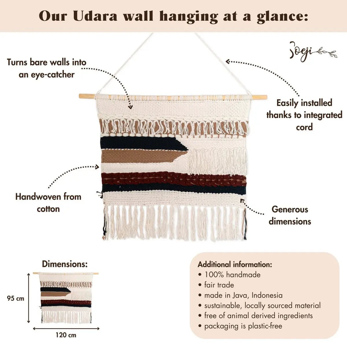 UDARA Macramé Muurhanger – Boho Handgeweven Wanddecor 120x95 cm