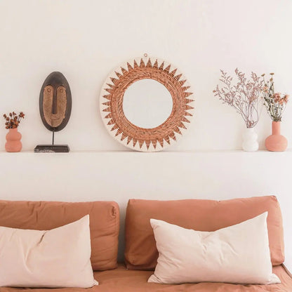Ronde Boho Spiegel 60 cm | Handgemaakte geweven wandspiegel AWAN | Wanddecoratie met patroon gemaakt van katoenen koorden