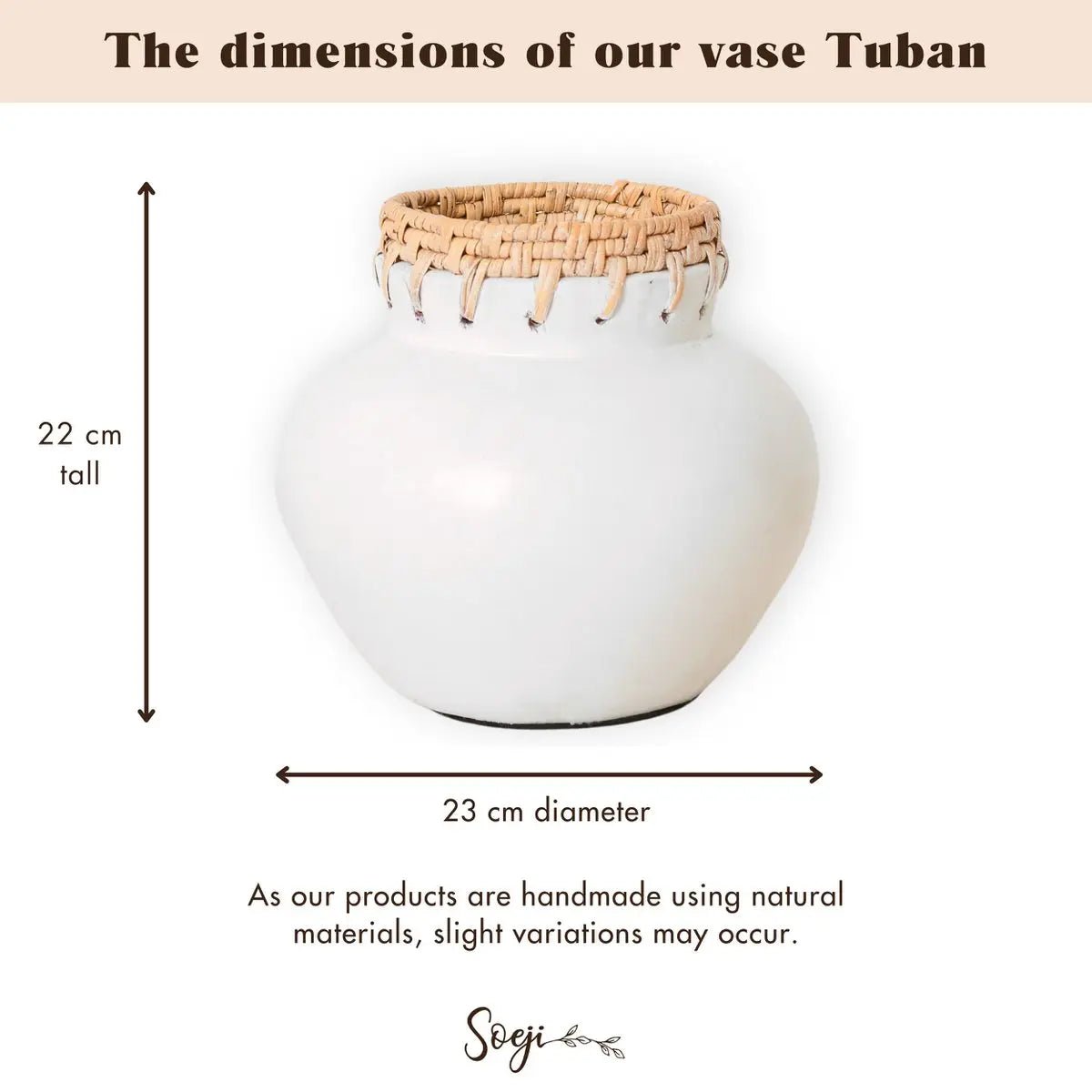 Witte Vaas TUBAN – Ronde Decoratieve Klei &amp; Rotan Vaas, Ø23 cm