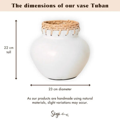 Witte Vaas TUBAN – Ronde Decoratieve Klei &amp; Rotan Vaas, Ø23 cm