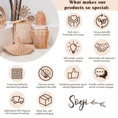 SARI Grote Wasmand met Deksel – Ronde Boho Rotan Mand (Bruin, 2 Maten)