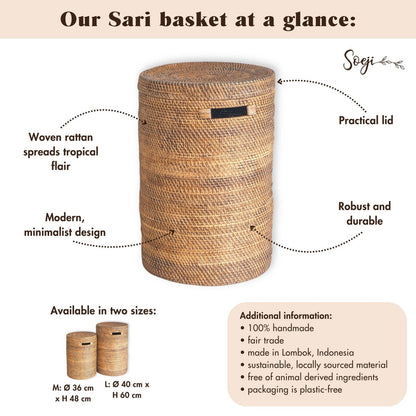 SARI Grote Wasmand met Deksel – Ronde Boho Rotan Mand (Bruin, 2 Maten)