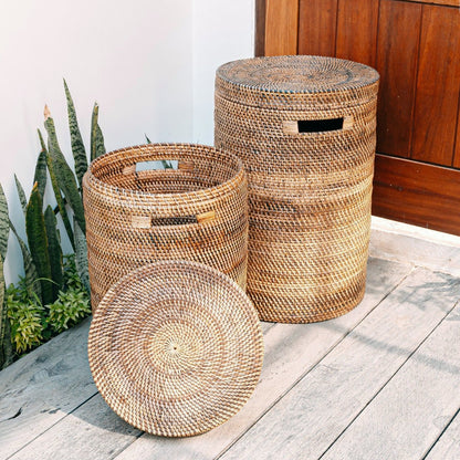 SARI Grote Wasmand met Deksel – Ronde Boho Rotan Mand (Bruin, 2 Maten)
