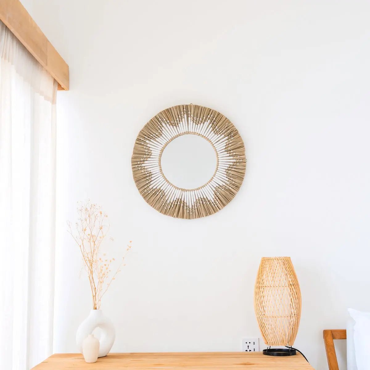 Ronde wandspiegel van zeegras – Boho hangspiegel – wandspiegel met franjes en patroon van wit katoen (Ø 60 cm) RANDU