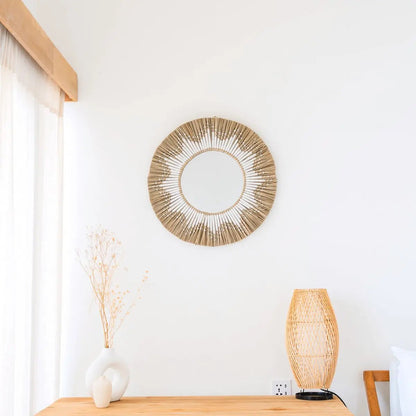 Ronde wandspiegel van zeegras – Boho hangspiegel – wandspiegel met franjes en patroon van wit katoen (Ø 60 cm) RANDU
