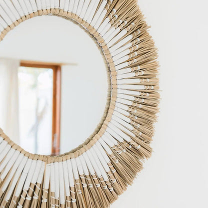 Ronde wandspiegel van zeegras – Boho hangspiegel – wandspiegel met franjes en patroon van wit katoen (Ø 60 cm) RANDU