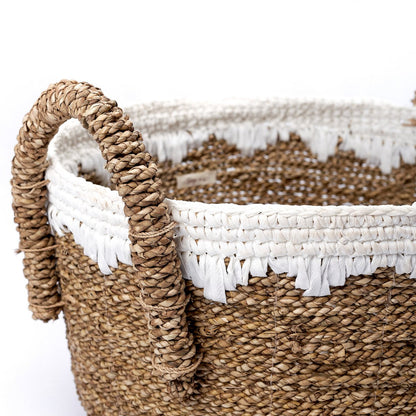 WAIGEO Ronde Zeegras Mand – Was- &amp; Opbergmand met Witte Koorden (3 Maten)