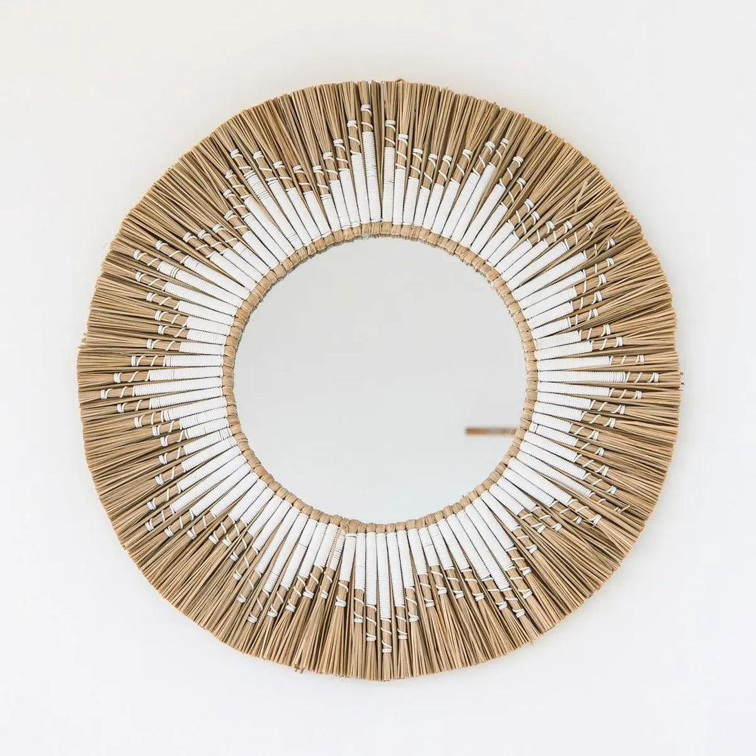 Ronde wandspiegel van zeegras – Boho hangspiegel – wandspiegel met franjes en patroon van wit katoen (Ø 60 cm) RANDU