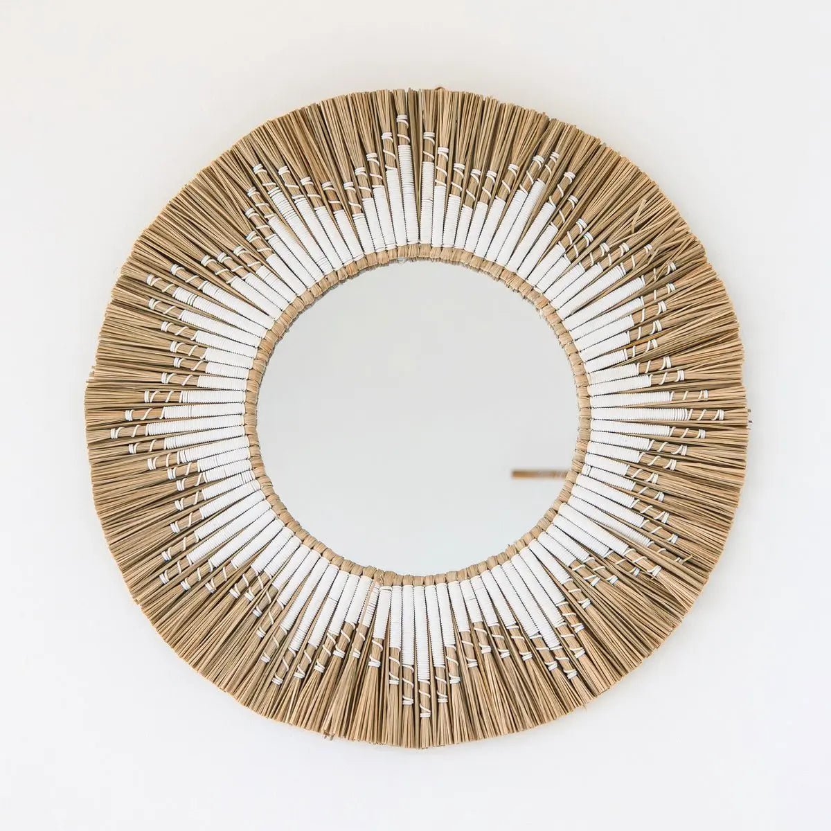 Ronde wandspiegel van zeegras – Boho hangspiegel – wandspiegel met franjes en patroon van wit katoen (Ø 60 cm) RANDU