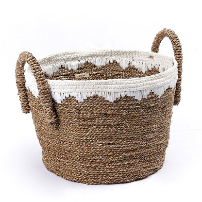 WAIGEO Ronde Zeegras Mand – Was- &amp; Opbergmand met Witte Koorden (3 Maten)
