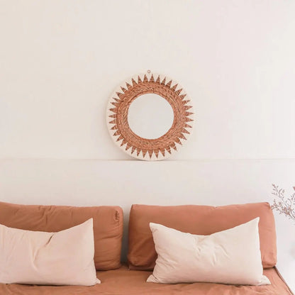 Ronde Boho Spiegel 60 cm | Handgemaakte geweven wandspiegel AWAN | Wanddecoratie met patroon gemaakt van katoenen koorden