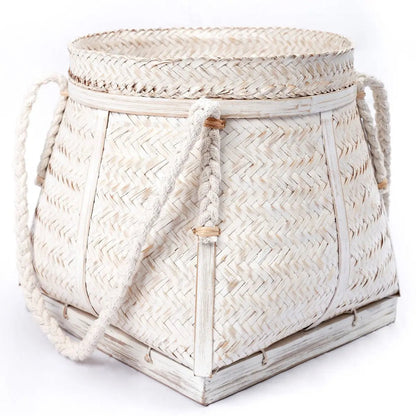 Witte Mand BIKU – Boho Wasmand &amp; Plantenmand van Bamboe, Rond